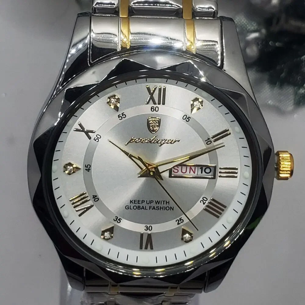 Men's White and Gold Poedagar Quartz Watch with Stainless Steel Band